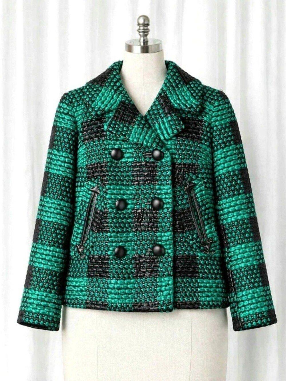 Milly of New York Emerald Green Black Plaid Woven Boucle Double Breasted Jacket